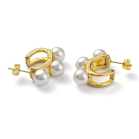 Plastic Pearl Beaded C-shape Stud Earrings, 304 Stainless Steel Jewelry for Women
