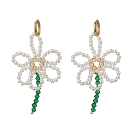 Цветочные 304 нержавеющей стали серьги обруча, с латунными бусинами и искусственным жемчугом из ракушек и искусственными австрийскими хрустальными бусинами