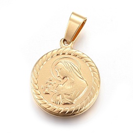 201 Stainless Steel Pendants, Flat Round with Virgin Mary, Miraculous Medal
