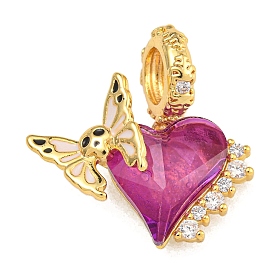 Breloques pendantes européennes en laiton plaqué or et zircone cubique transparente, pendentifs en résine fuchsia en forme de coeur avec papillon à gros trou, plaqué longue durée