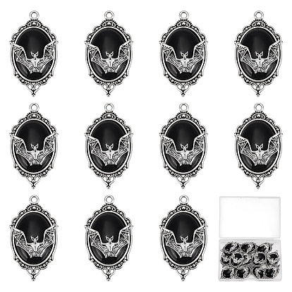 12 шт. овальные подвески из сплава на Хэллоуин, подвески в виде летучей мыши со смолой, античное серебро