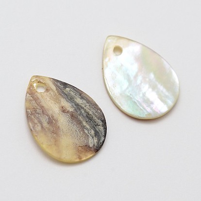 Flat Teardrop Natural Akoya Shell Charms, Mother of Pearl Shell Pendants, 15.5~16x12x1~1.5mm, Hole: 1mm, about 720pcs/bag