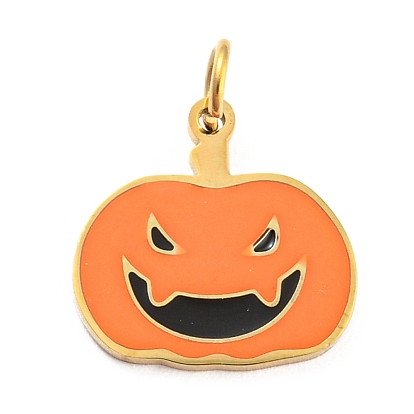 Dijes de acero inoxidable de 304 halloween, con esmalte y anillo de salto, real 14 k chapado en oro, encanto de calabaza