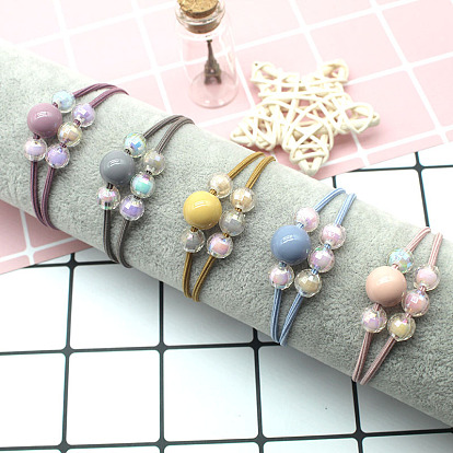 Elastic Hair Tie with Macaron Beads - Handmade Leather Wrap