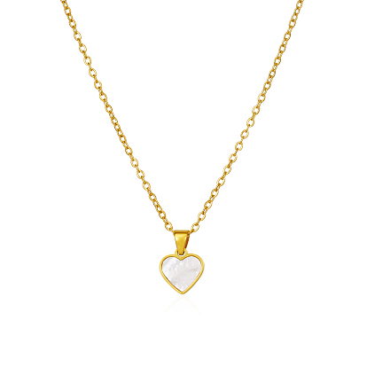 Natural White Shell 304 Stainless Steel Heart Pendant Necklaces for Women