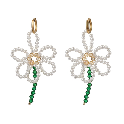 Цветочные 304 нержавеющей стали серьги обруча, с латунными бусинами и искусственным жемчугом из ракушек и искусственными австрийскими хрустальными бусинами