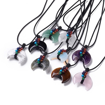 Adjustable Natural & Synthetic Mixed Gemstone Double Horn Pendant Necklace with Wax Cord for Women