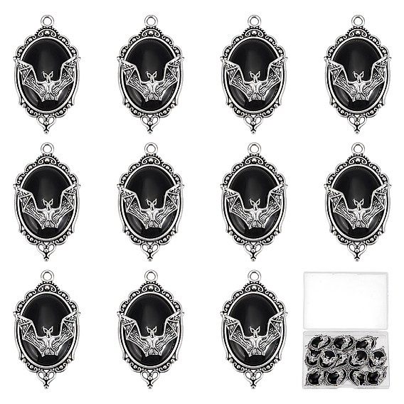 12 шт. овальные подвески из сплава на Хэллоуин, подвески в виде летучей мыши со смолой, античное серебро