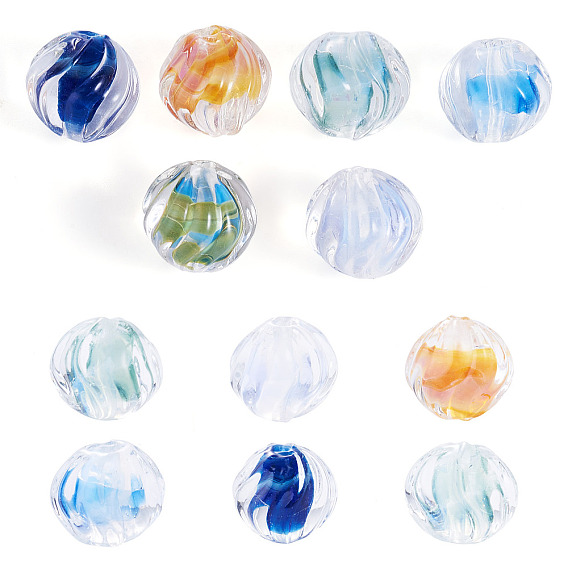 6 pièces 6 perles de verre filées à la main, texturées et de couleur, à motif floral intérieur, ronde