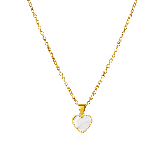 Natural White Shell 304 Stainless Steel Heart Pendant Necklaces for Women