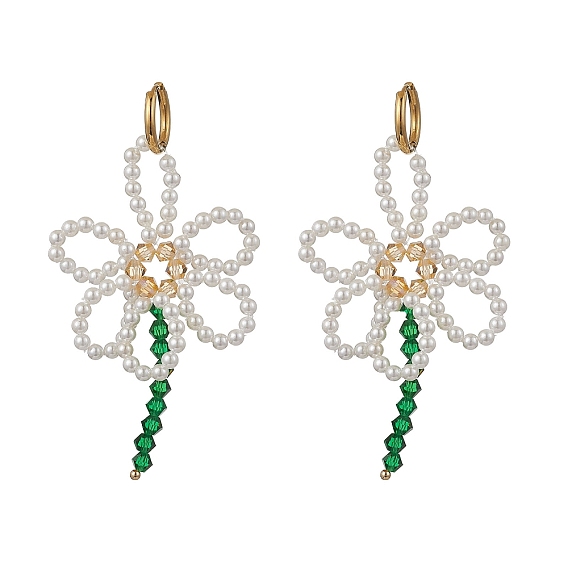 Цветочные 304 нержавеющей стали серьги обруча, с латунными бусинами и искусственным жемчугом из ракушек и искусственными австрийскими хрустальными бусинами