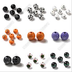 45Pcs 9 Colors Printed Round Wood European Beads, Halloween Theme Large Hole Beads