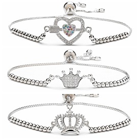 Fashionable Copper Heart Crown Bracelet with Zirconia Stones, Airplane and Tree of Life Charms - Adjustable
