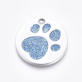 Enamel Pendants, with Platinum Plated Alloy Findings and Glitter Powder, Flat Round with Dog Paw Prints