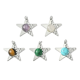 Mixed Gemstone Pendants, 304 Stainless Steel Star Charms with Jump Rings, Stainless Steel Color