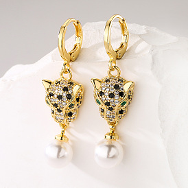 Leopard Print Hip Hop Earrings with Copper Plating, Gold Plated Zirconia and Pearl Accents - Unique Design