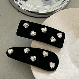 Chic Black Velvet Waterdrop Square Hair Clip with Delicate Heart Rhinestone and Edge Clamp