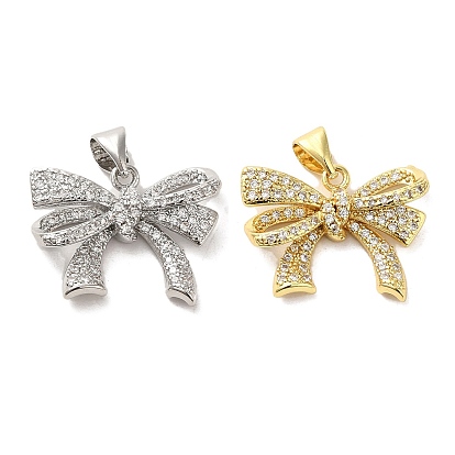 Brass Micro Pave Clear Cubic Zirconia Pendants, Cadmium Free & Lead Free, Bowknot