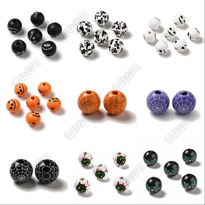 45Pcs 9 Colors Printed Round Wood European Beads, Halloween Theme Large Hole Beads