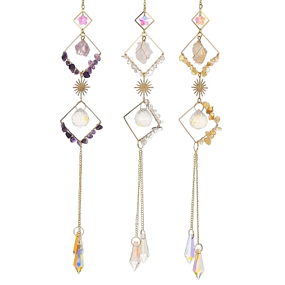 Подвески-ловец солнца в виде железного ромба и натуральных драгоценных камней, Стеклянный конус и круглая подвесная призма для создания радуги, украшение окон дома.