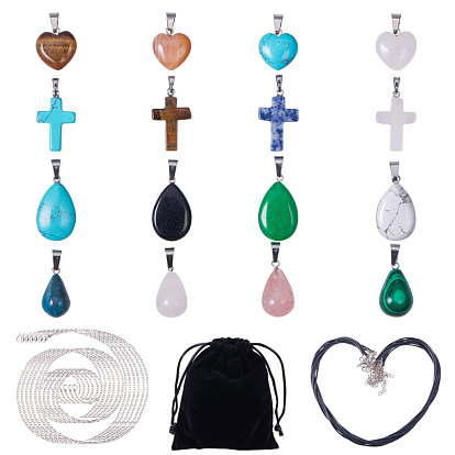DIY Necklace Making, with Natural Gemstone Pendants, Leather Cord Necklace Making and 304 Stainless Steel Chain Necklaces, Mixed Shapes