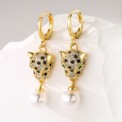 Leopard Print Hip Hop Earrings with Copper Plating, Gold Plated Zirconia and Pearl Accents - Unique Design