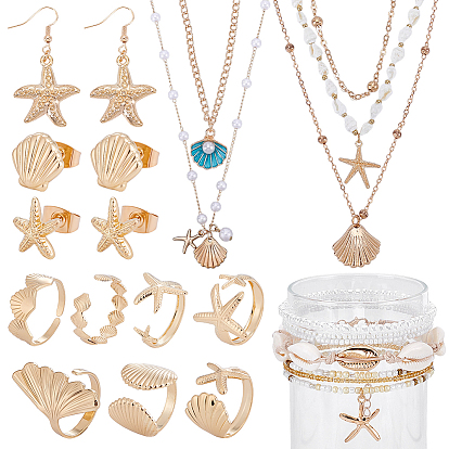 Joyería de Sistemas, incluyendo anillos de puño de aleación, collares con colgantes de latón y hierro, Collares con colgantes de semillas de aleación y vidrio, Tobillera de concha de cauri y resina, aleación cuelga los pendientes
