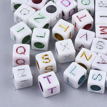Plated Acrylic Beads, Horizontal Hole, Cube with Random Initial Letter