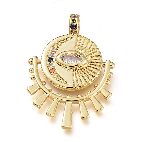 Brass Micro Pave Clear Cubic Zirconia Pendants, Cadmium Free & Lead Free, Eye with Moon, Golden