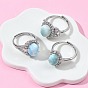 Brass Micro Pave Cubic Zirconia Cuff Open Rings, Oval, with Natural Larimar