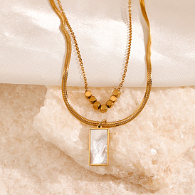 Fashionable Double-layered Rectangular White Bead Titanium Steel Necklace for Women with High-end 18k Gold Lock, Unique and Elegant.