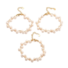 Natural Pearl Beaded Bracelets, with Brass Chain, Real 18K Gold Plated