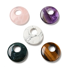 Natural Mixed Stone Pendants, Donut/Pi Disc Charm