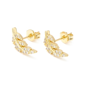 Clear Cubic Zirconia Feather Stud Earrings, Brass Jewelry for Women, Cadmium Free & Nickel Free & Lead Free
