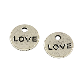 Tibetan Style Zinc Alloy Pendants, Flat Round with Word LOVE, Lead Free & Cadmium Free, 9x1mm, Hole: 1.5mm, about 2000pcs/1000g