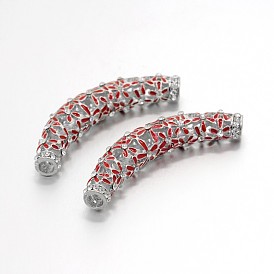 Alloy Rhinestone Enamel Hollow Beads, Curved Tube Noodle Beads, Curved Tube with Flower Patterns, 61x10mm, Hole: 5mm