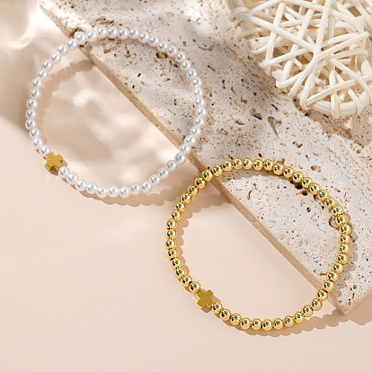 Минималистичные эластичные браслеты с крестиками из искусственного жемчуга и латуни.