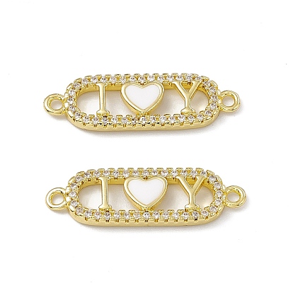 Rack Plating Brass Micro Pave Clear Cubic Zirconia Connector Charms, with Enamel, Cadmium Free & Lead Free, Oval with Heart Links, Real 18K Gold Plated