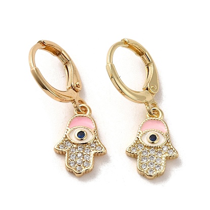 Hamsa Hand with Evil Eye Real 18K Gold Plated Brass Dangle Leverback Earrings, with Enamel and Cubic Zirconia