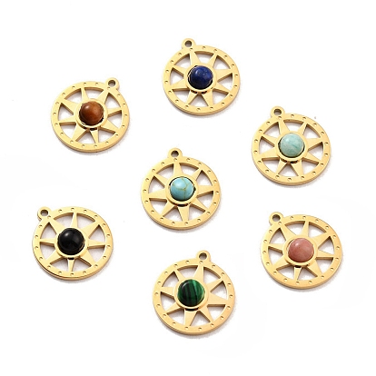 Natural Gemstone Charms, with Ion Plating(IP) 304 Stainless Steel Findings, Real 24K Gold Plated, Flat Round