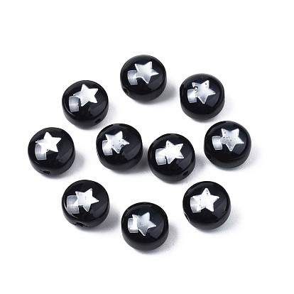 Handmade Lampwork Beads, with Platinum Plated Brass Embellishments, Flat Round with Star