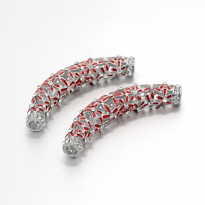 Alloy Rhinestone Enamel Hollow Beads, Curved Tube Noodle Beads, Curved Tube with Flower Patterns, 61x10mm, Hole: 5mm