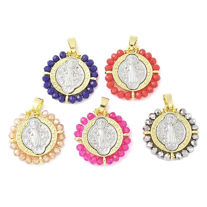 Латунь стекло кулоны, плоский круглый со святым Бенедиктом, долговечный, без кадмия и без свинца, стойки покрытие, реальный 18 k позолоченный