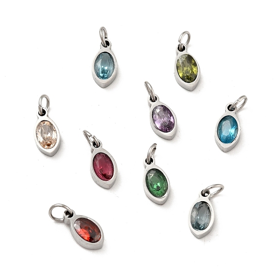 304 Stainless Steel Pendants, with Cubic Zirconia and Jump Rings, Single Stone Charms, Oval