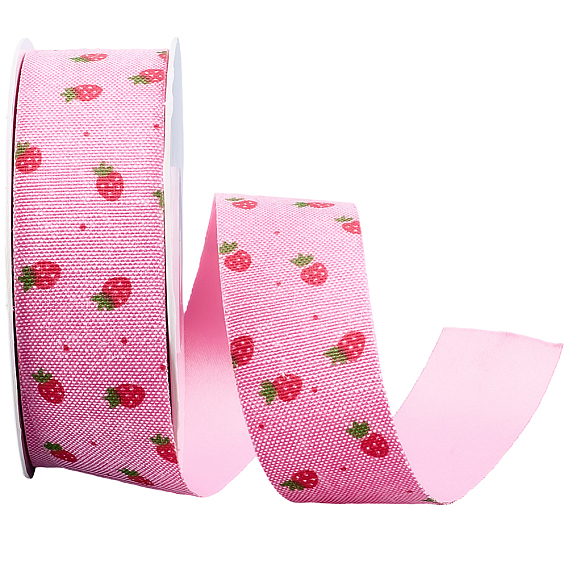 1 рулон односторонних полиэстеровых лент с принтом в виде клубники/цветков, для изготовления аксессуаров для бантиков для волос, подарочная упаковка