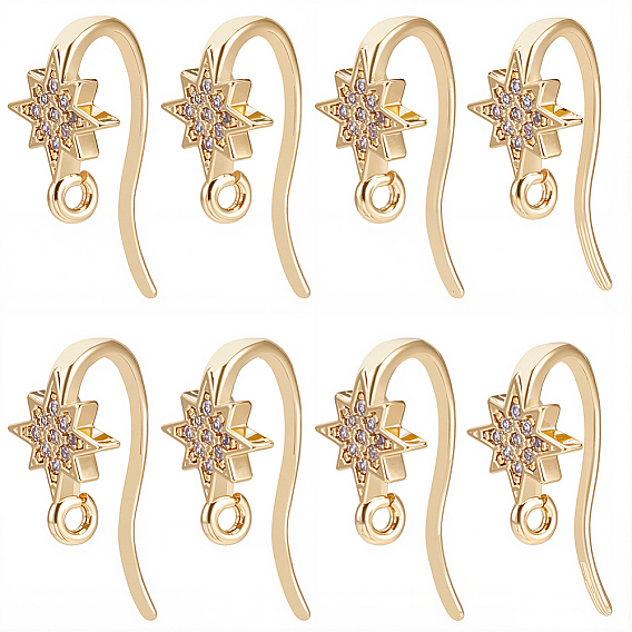 20Pcs Brass Micro Pave Clear Cubic Zirconia Star Earring Hooks, Long-Lasting Plated, Nickel Free, with Loop, Star