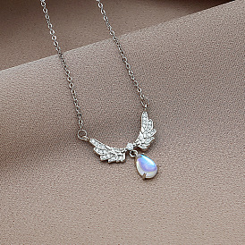 Minimalist Silver Angel Wing Necklace - Gradient Moonstone, Fashionable Collarbone Pendant.