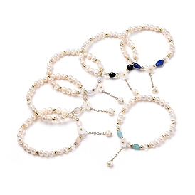 Stretch Charm Bracelets, with Natural Gemstone Beads, Natural Pearl & Shell Beads, Glass Beads, Brass Beads and Cable Chains, Flower