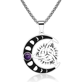 Natural Amethyst Moon Phase & Stainless Steel Triquetra/Trinity Knot Pendant Necklace for Man