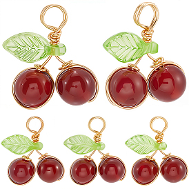 32 шт. подвески из натурального сердолика круглой формы, обвитые медной проволокой, подвески вишневые с акриловыми листьями, золотые